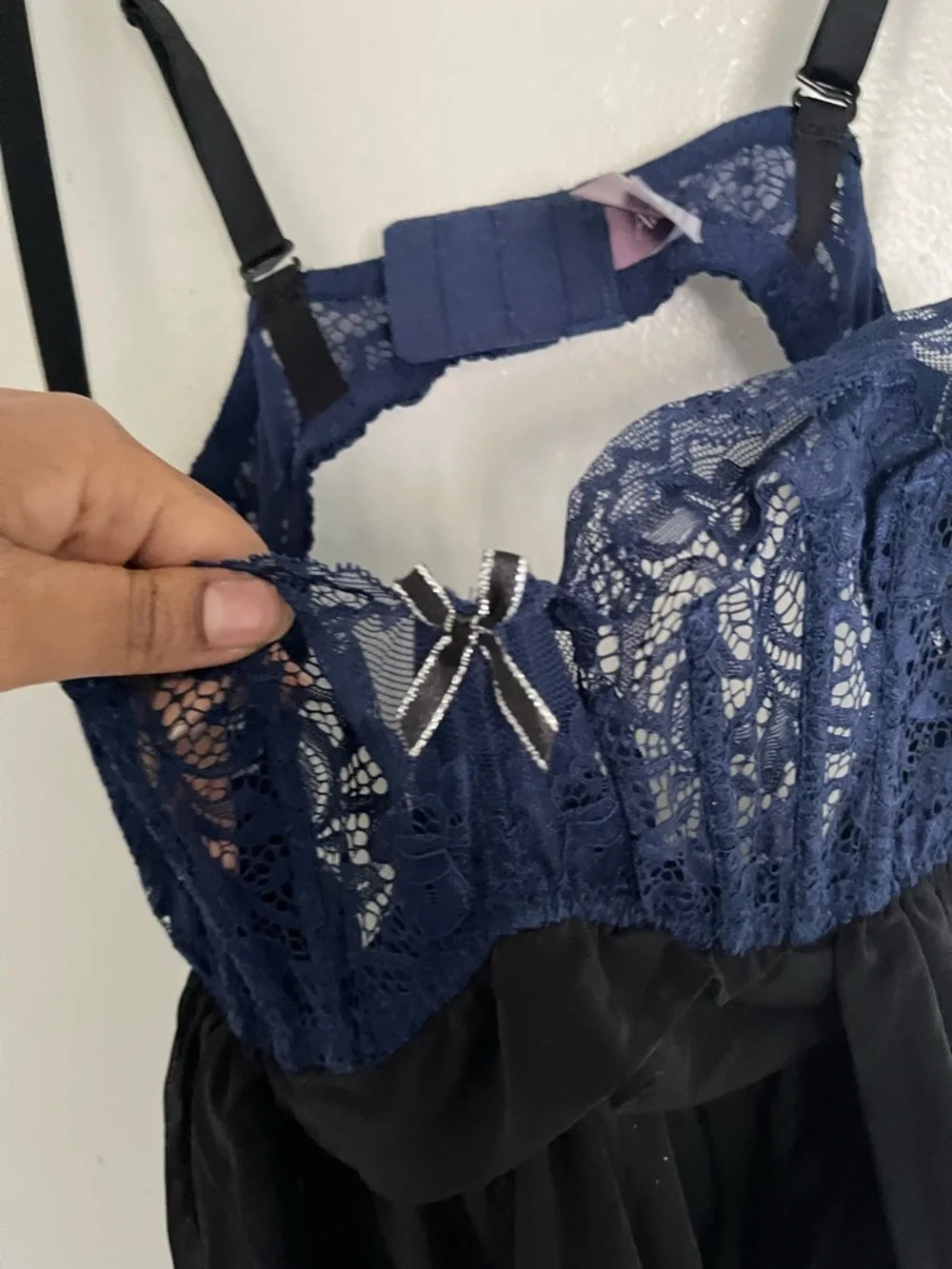 Adore Me Sheer Black Babydoll Chemise with Navy Lace Bust